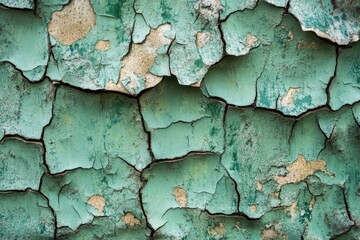 Obraz premium Cracked teal paint on a weathered surface, showing age and decay.