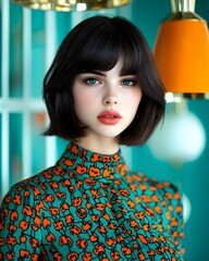 Captivating retro chic feminist portrait showcasing a vintage styled model s captivating presence captured with a cinematic flair and a warm film like aesthetic against a sophisticated