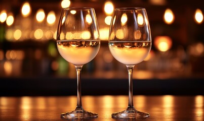 Two wine glasses on bar with blurred lights, perfect for restaurant or bar promotions