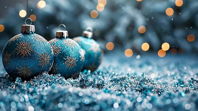 A close-up of blue Christmas ornaments adorned with snowflake designs, set against a snowy background with bokeh lights.