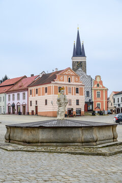 Statue of St. Margaret on the square of historic old town of Telc, Unesco World Heritage Site in Telc, Czech Republic