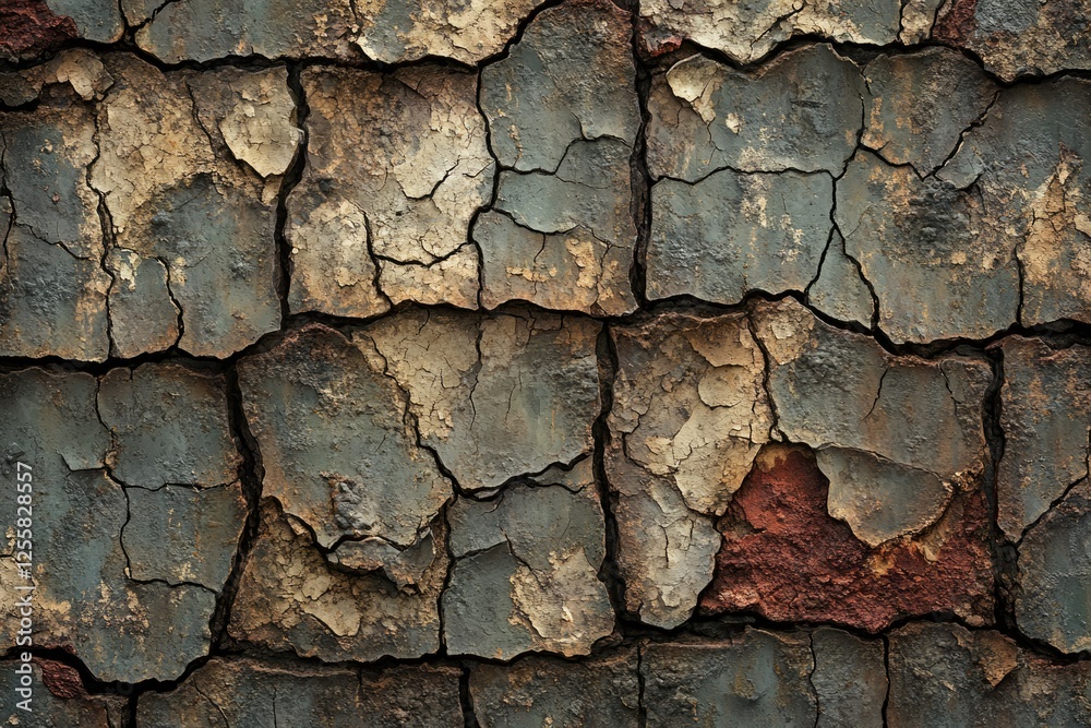 Poster close-up of cracked and weathered surface, showing rust and age.