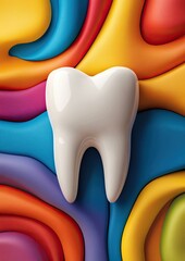 A single, large, white, glossy tooth rests on a colorful, textured, abstract background of swirling, vibrant hues.