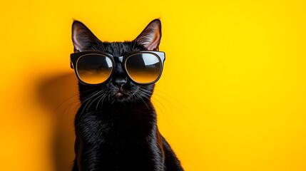 Obraz premium Black cat posing with sunglasses in front of yellow backdrop
