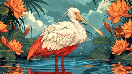 Fototapeta premium A vibrant illustration of a white and red bird standing in a serene water setting surrounded by flowers.