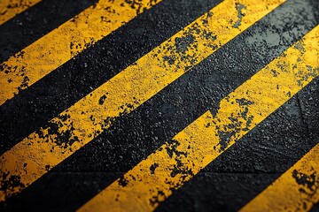 Fototapeta premium Black and yellow stripes on asphalt. Caution, danger on the road. Generative Ai