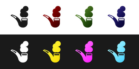 Set Smoking pipe with smoke icon isolated on black and white background. Tobacco pipe. Vector