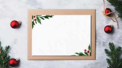 Blank Greeting Card with Holiday Decor and Pine Greenery on Marble Background