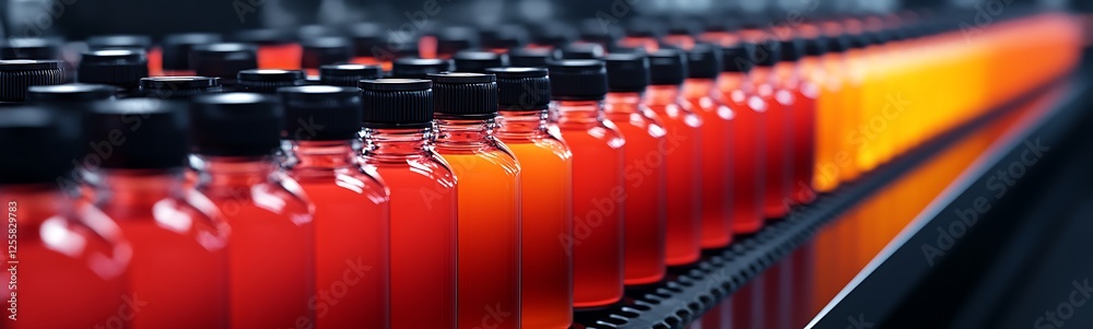 Poster A vibrant array of colorful beverage bottles lined up on a conveyor, showcasing a spectrum of red and orange hues.