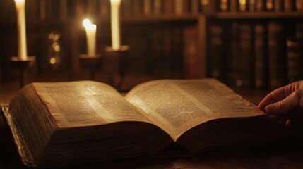 Illuminating Knowledge: An Antique Book Lit by Candlelight in the Library
