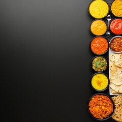 Authentic Indian Cuisine Spread with Colorful Dishes and Fresh Naan on Black Background