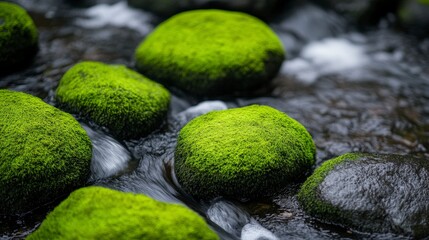 Lush Green Moss-Covered Rocks in a Tranquil Stream with Gentle Water Flow