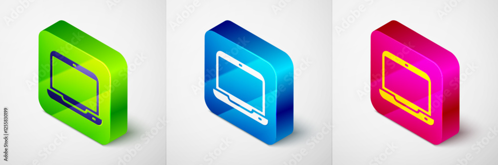 Poster isometric laptop icon isolated on grey background. computer notebook with empty screen sign. square 