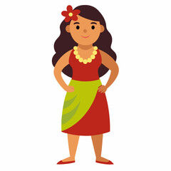 cartoon Hawaiian hula woman in traditional clothing and with an exotic flower in her hair. Luau party Hawaii woman. Isolated vector  on white background. Front view. 