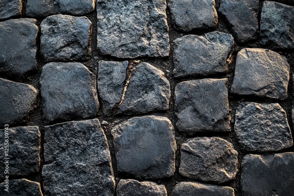 Aufkleber Close-up view of a dark gray cobblestone pavement, showing texture and irregular shapes.