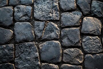 Obraz premium Close-up view of a dark gray cobblestone pavement, showing texture and irregular shapes.