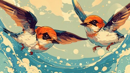 Naklejka premium Two vibrant birds flying over waves, showcasing nature's beauty in a colorful illustration.