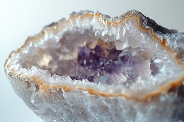 Obraz premium Amethyst geode with stunning purple crystals nestled in a cavity of clear quartz, showcasing natural beauty.