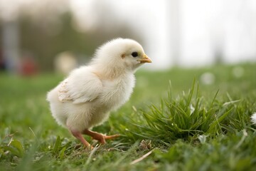 A baby chick blends into the green grass, its tiny feet hidden beneath the blades, creating a natural and harmonious scene filled with warmth and innocence.