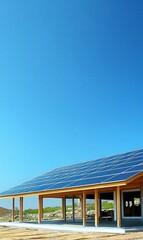 Wooden house with solar panels on roof under clear blue sky, sustainable construction