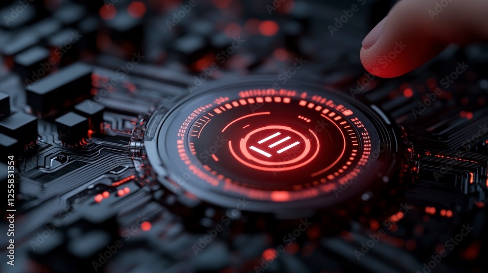 Poster futuristic technology circuit board with red illuminated graphics and touch interaction