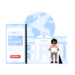 International Banking With Female Client Using Online Banking App. Flat Vector Illustration About Global Finance, Digital Transactions, And Financial Services, Isolated On White Background.