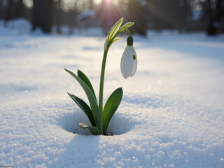 The first spring flowers, snowdrop blooms against the background of snow in early spring.