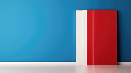 Red, white abstract door on blue wall background