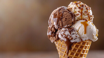 Waffle cone filled with three flavors, garnished with caramel sauce.