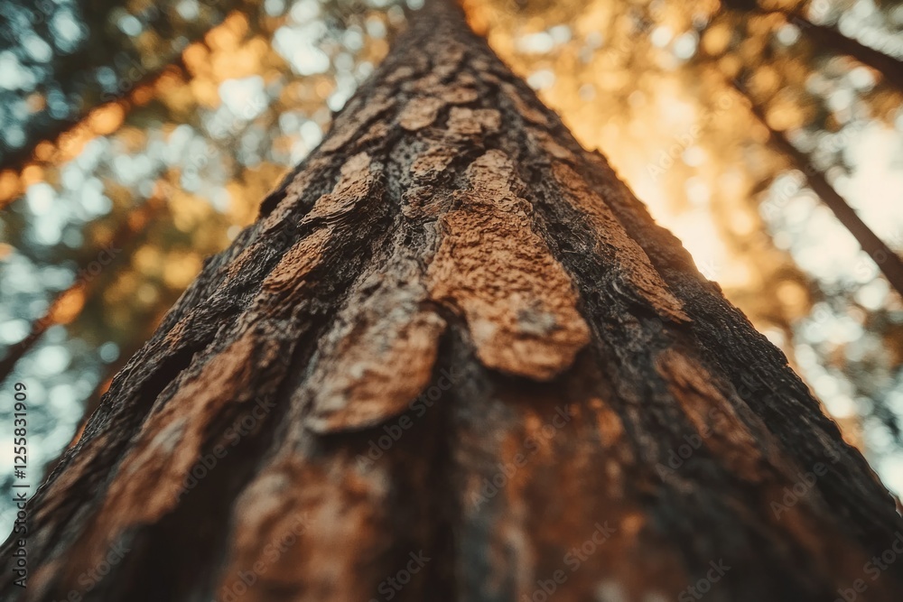 Poster Close-up view of tree bark texture, sunlight filtering through forest canopy.
