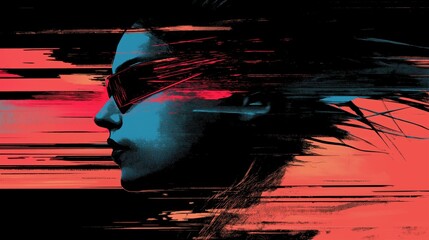 Cyberpunk glitch portrait with motion blur and neon digital distortion