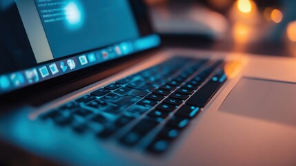 Close-up of illuminated laptop keyboard with bright screen reflection