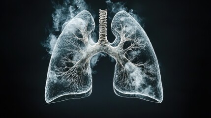 Detailed Abstract Illustration of Human Lungs with Smoke Effects Representing Breathing and Respiratory Health in a Dark Background for Medical Concepts