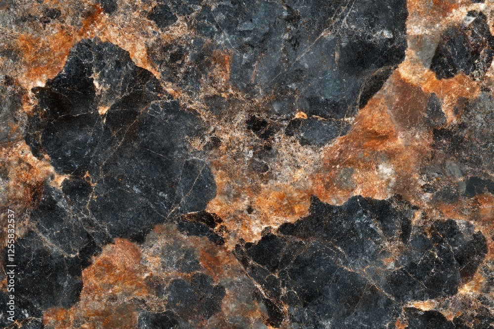 Poster Dark marble texture with rusty orange veins and cracks, creating a dramatic and unique stone pattern.