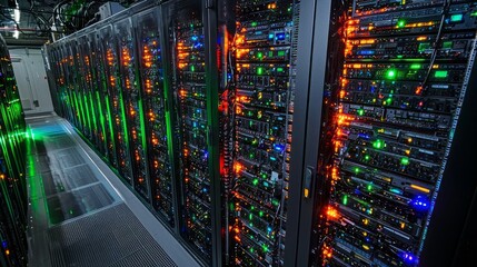 In a spacious and modern data center, rows of server racks are illuminated by colorful lights, showcasing cutting-edge technology working efficiently to handle vast data processes