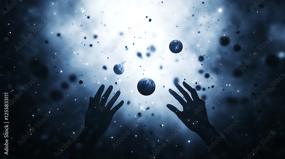 Aufkleber a dark, cosmic scene featuring hands reaching out toward floating spheres, set against a backdrop of