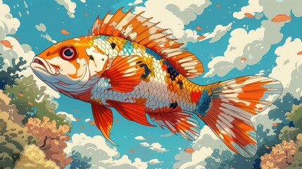 Fototapeta premium A vibrant, stylized illustration of a colorful fish swimming against a bright sky.