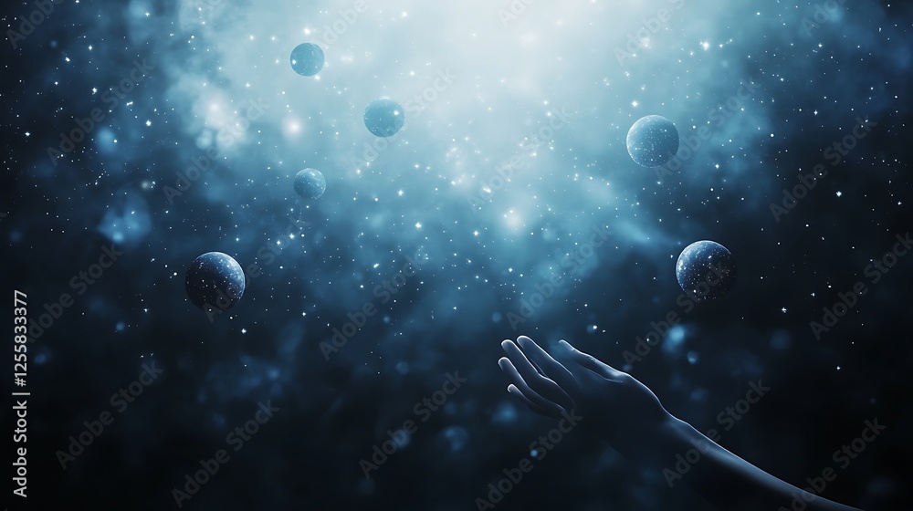 Aufkleber A cosmic scene depicting a hand reaching towards floating celestial bodies in a starry, ethereal atmosphere.