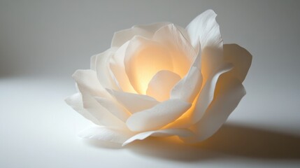 A white rose with soft light illuminating its petals, symbolizing love, placed on a clean white background for elegant design.