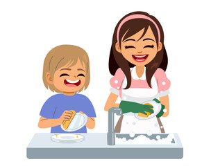 Fototapeta premium mother and son washing dishes as domestic life routine togetherness concept vector illustration