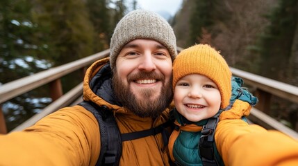 Obraz premium Joyful Father and Child Taking Selfie in Nature on Scenic Bridge Adventure