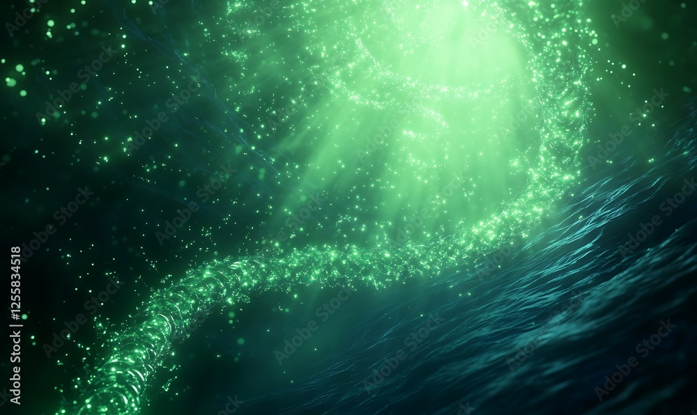 Poster a mysterious green glow swirls under the ocean surface, creating an ethereal, magical atmosphere.