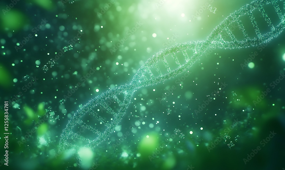 Poster A glowing DNA double helix surrounded by sparkling particles and a soft green background, symbolizing life and genetics.