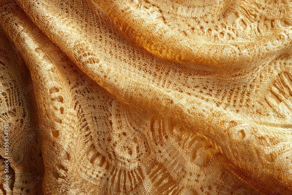 Poster Golden lace fabric with intricate patterns, draped and textured.