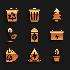 Set Eco nature leaf and battery, Water energy, Plant in pot, Car, Tag with recycle, Light bulb, Christmas tree and Recycle bin icon. Vector