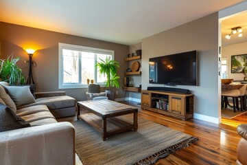 Clean and modern living room, real natural lighting, TV wall, incredible detail, ultra HD, special viewing angles