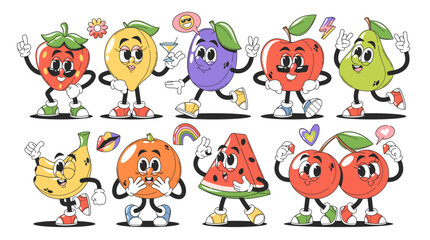 Fototapeta premium Comic fruits groovy characters, cute fresh juicy anthropomorphic sweet summer food mascot set