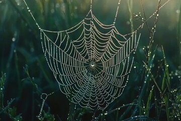 A dewy spiderweb glistening in the morning sun, intricate details and natural beauty.