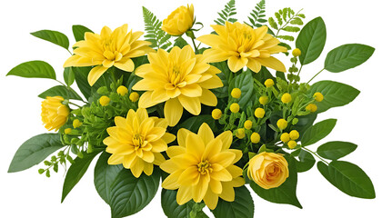 Vibrant yellow flowers with lush green leaves arranged beautifully png