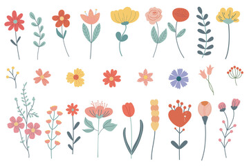 Beautiful hand-drawn spring and summer floral set with wildflowers and leaves.  Vector illustration. Perfect for prints, invitations, and design